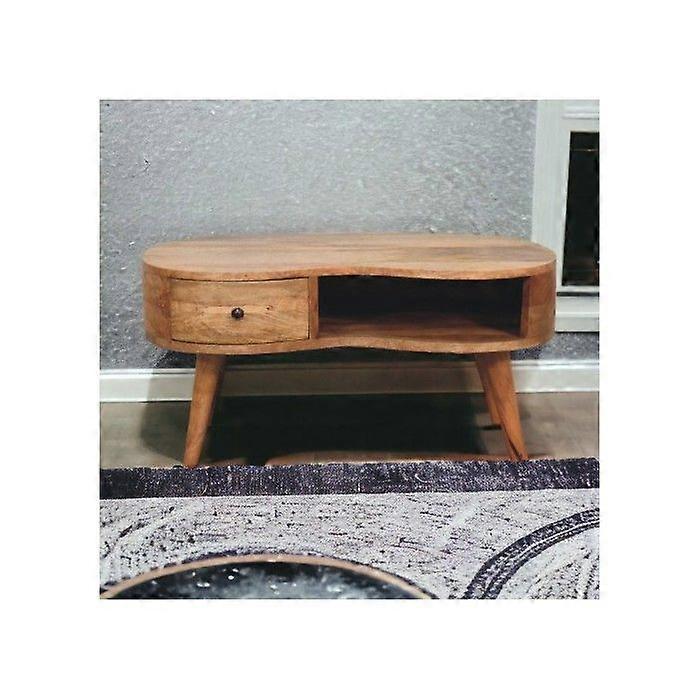 Solid Wood Oak-ish Wave Coffee Table, 1 Drawer and Open Slot, Beige