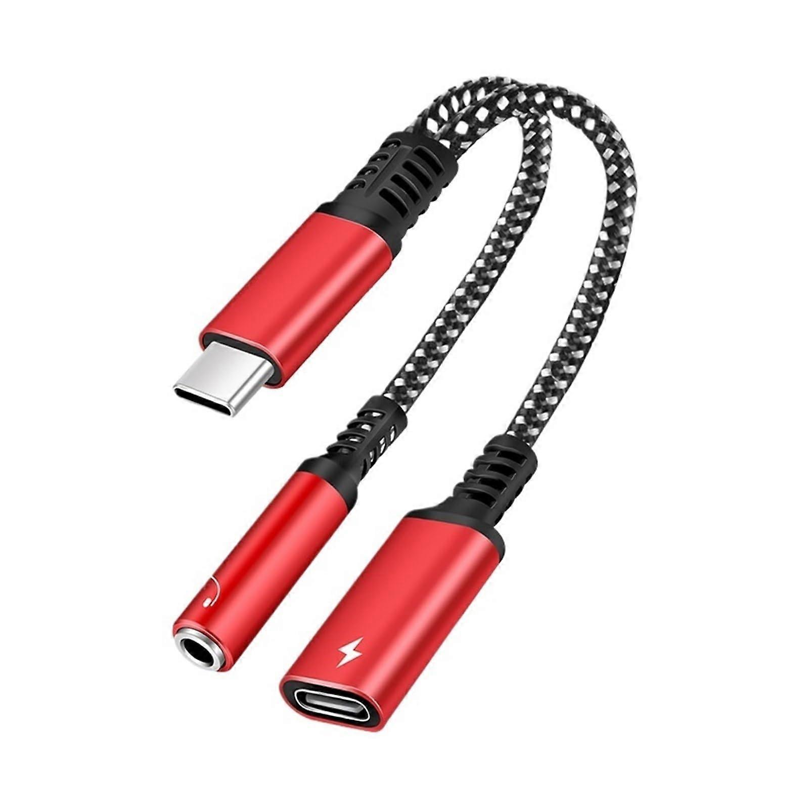 2 in 1 USB C to 3.5mm Headphone Aux Jack Converter Fast Adapter for USB Type C Devices Red Color