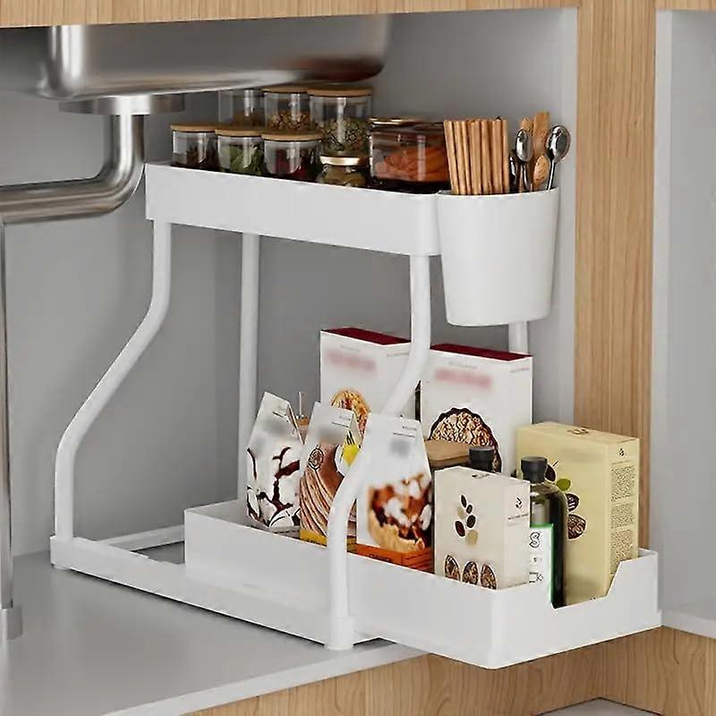 Under Sink Organizer 2 Tier Pull Out Storage Rack with Hooks for Kitchen and Bathroom, White