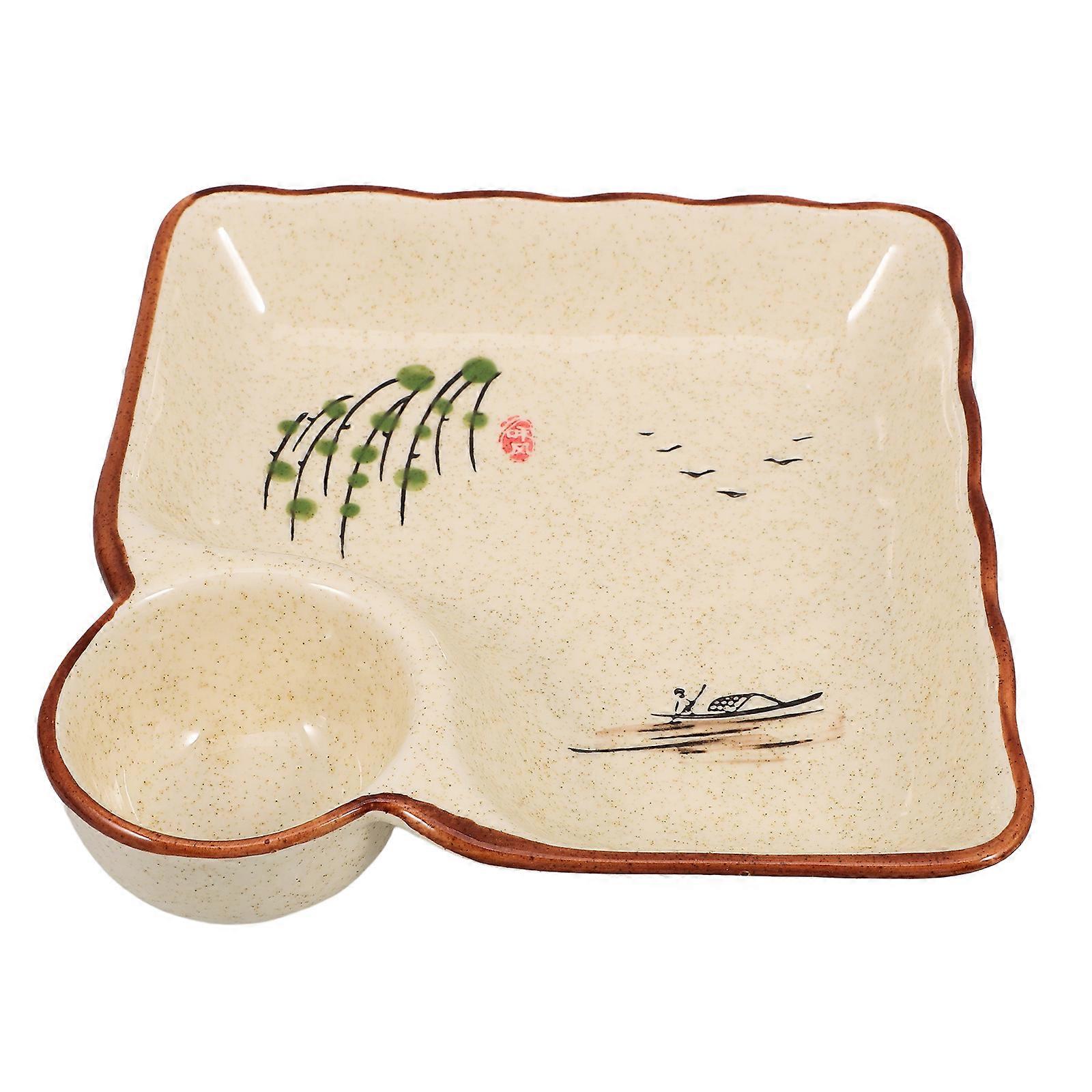 Serving Plate with Sauce Divider Dumpling Plate Ceramic for Home Use