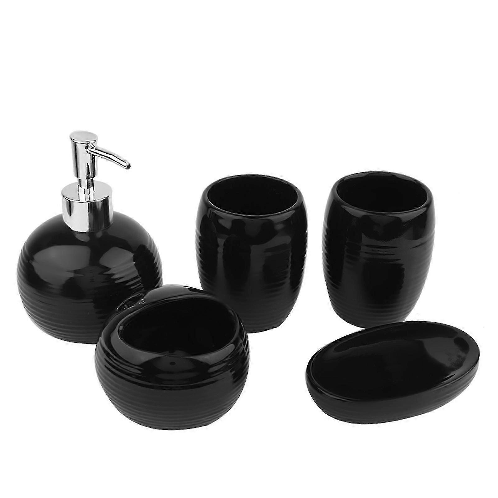 5Pcs Bathroom Accessories Ceramic Dispenser Toothbrush Holder Bath Set (Black)