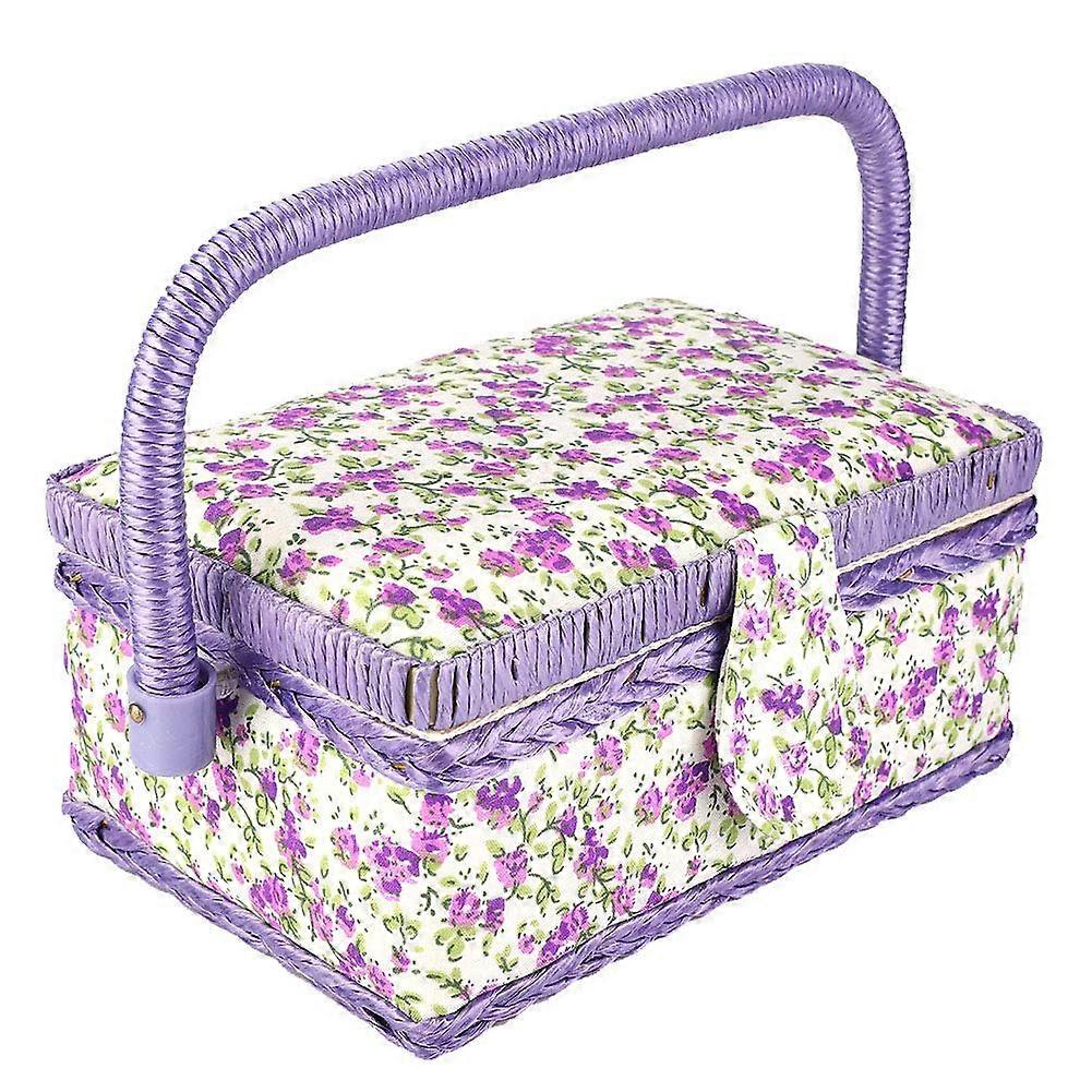 Vintage Flower Print Sewing Basket with Handle, DoubleLayer Fabric Sewing Box Organizer