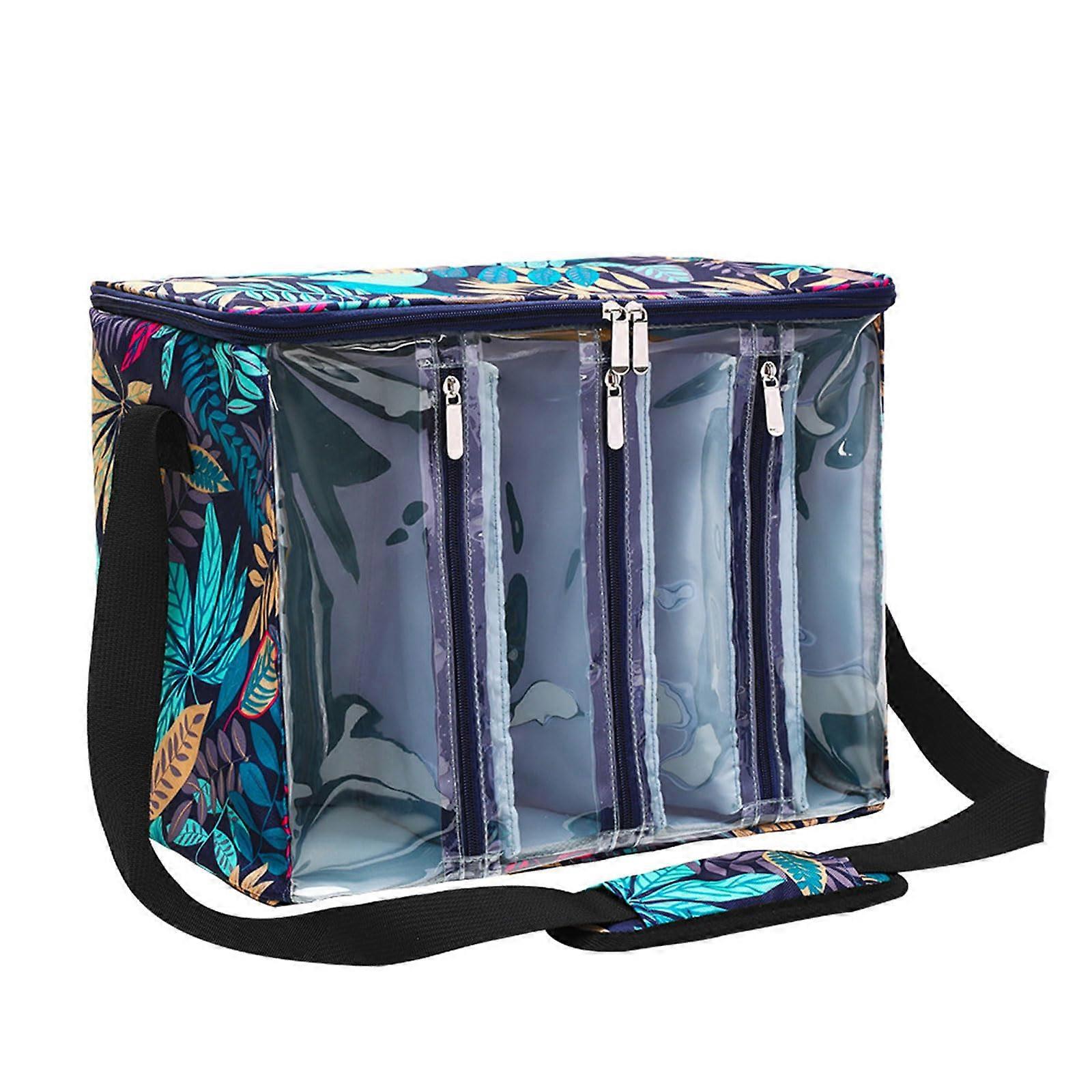 Knitting Bag with Yarn Storage, Clear View Crochet Organizer, Blue Leaf Pattern Tote