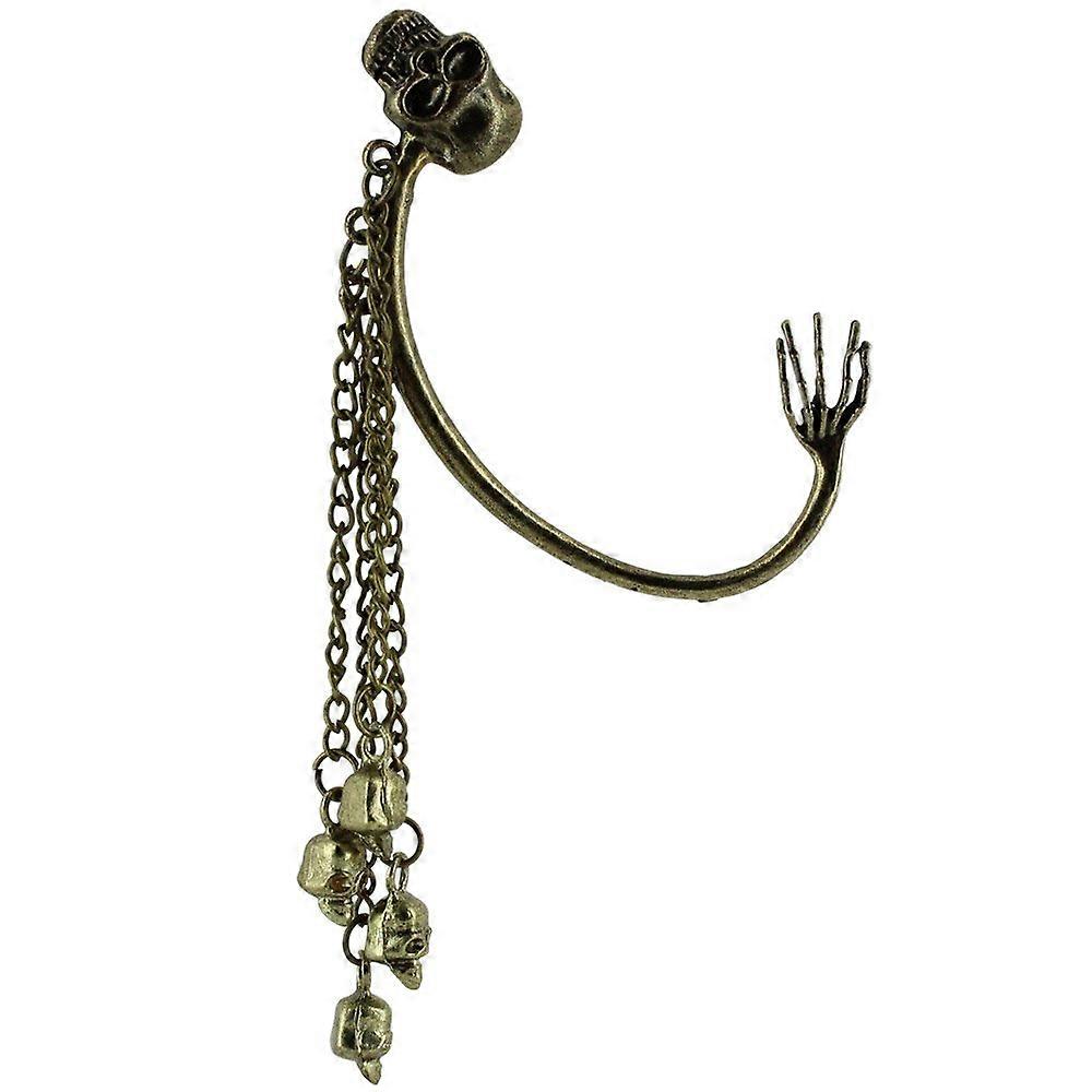 Bronze Skull Tassel Statement Earring for Left Ear Lightweight Dangle Clip On Cuff