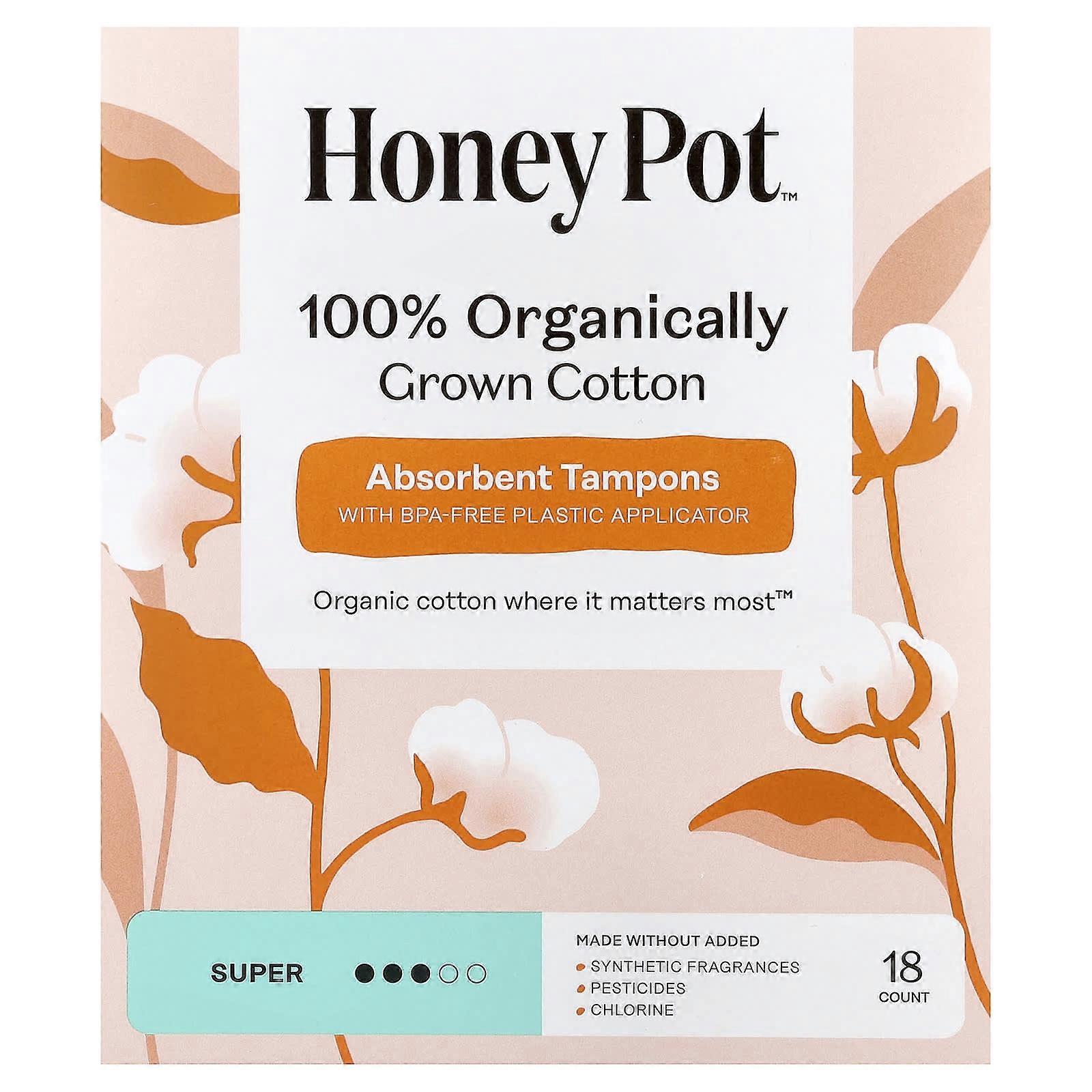 The Honey Pot Company, 100% Organically Grown Cotton Absorbent Tampons, Super, 18 Count, 3-Pack