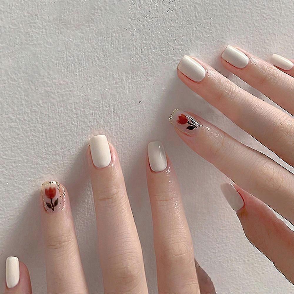 24pcs Short White Rose With Square Head False Nail Removable Nail Patch