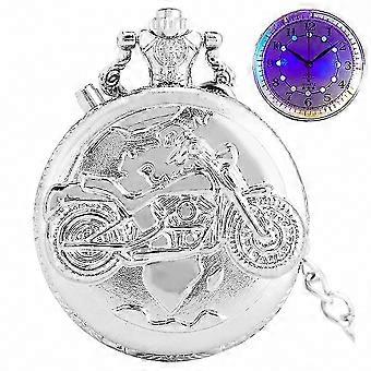 Luminous Dial Bronze Quartz Pocket Watch with Chain, Carved Steampunk Motorcycle Fob Watch