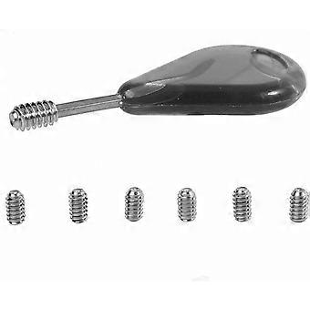 Surfboard fin wrench, surfboard accessories, 6 adjusting screws for surfboard fins and a surfboard fin wrench for removing or attaching the adjusting 