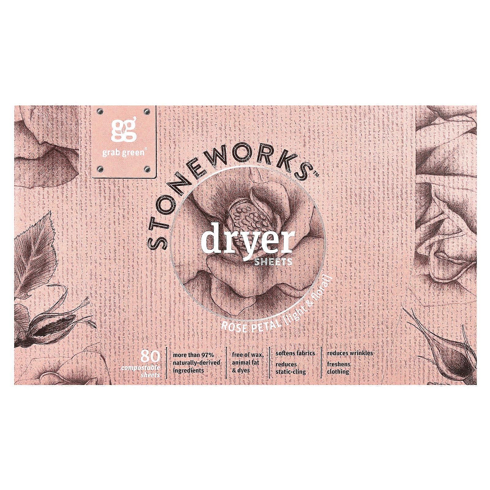 2 x Grab Green, Stoneworks, Dryer Sheets, Rose Petal, 80 Compostable Sheets