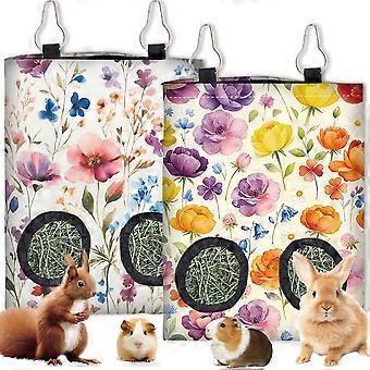 2Pcs 2 Styles Guinea Pig Hay Feeder Rabbits 11.6 x 9.1 Inch,Hanging Hay Feeder Bag Cloth Washable Flowers Feeding Storage Holder with 2 Holes