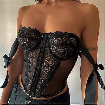 Sommerliche Dessous mit Spitzenblumenstickerei, enges Korsett, sexy, atmungsaktives Mesh, Fischgräten-Shapewear, Schleifen-Trägertops mit niedrigem Kragen.