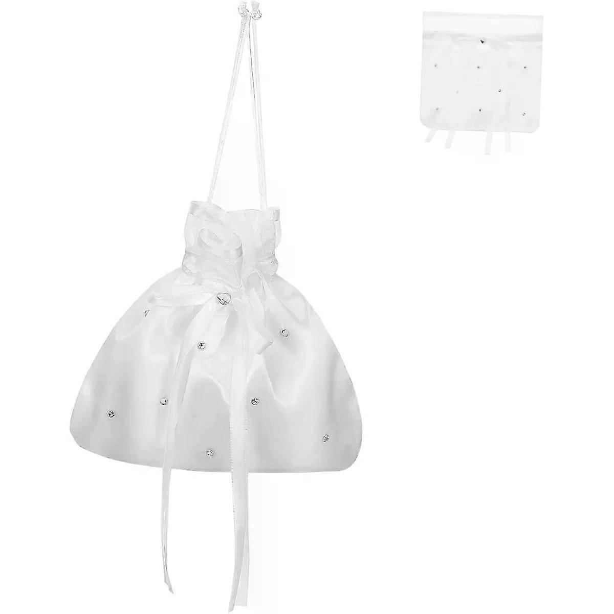 Drawstring Handbag in White Fabric with Sturdy Stitching