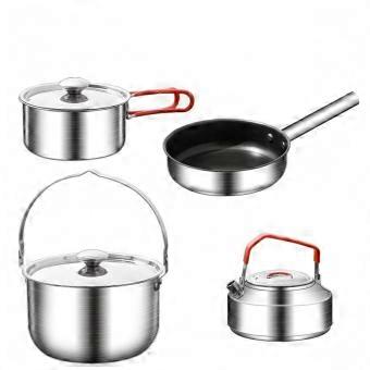 4 Pieces Portable Camping Cookware Set Brushed Silver Camping Pot Pan Set