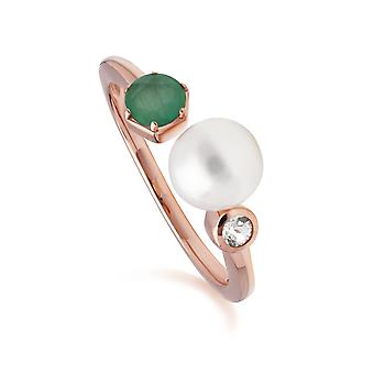Modern Pearl, Emerald & Topaz Open Ring in Rose Gold Plated...