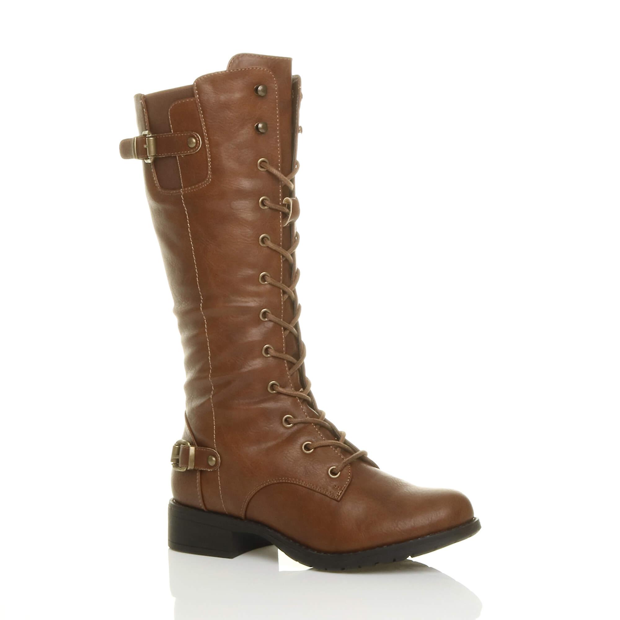 Ajvani womens low heel lace up zip biker army combat military calf boots