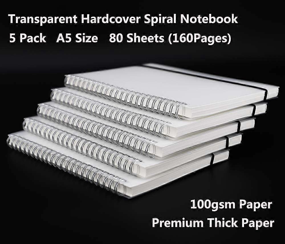 Pack of 5 transparent hard cover spiral notebooks for journaling, 80 sheets, 8.5" x 5.7" (blank)