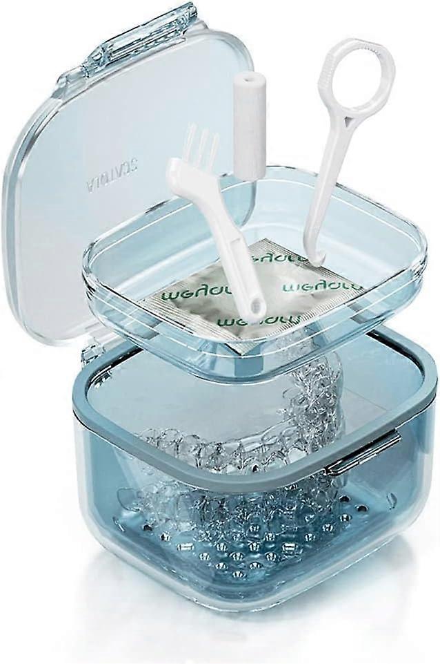 Retainer Cleaning Case Denture Bath Box with Basket,Storage Tray and Small Brush,Braces Removal Tool