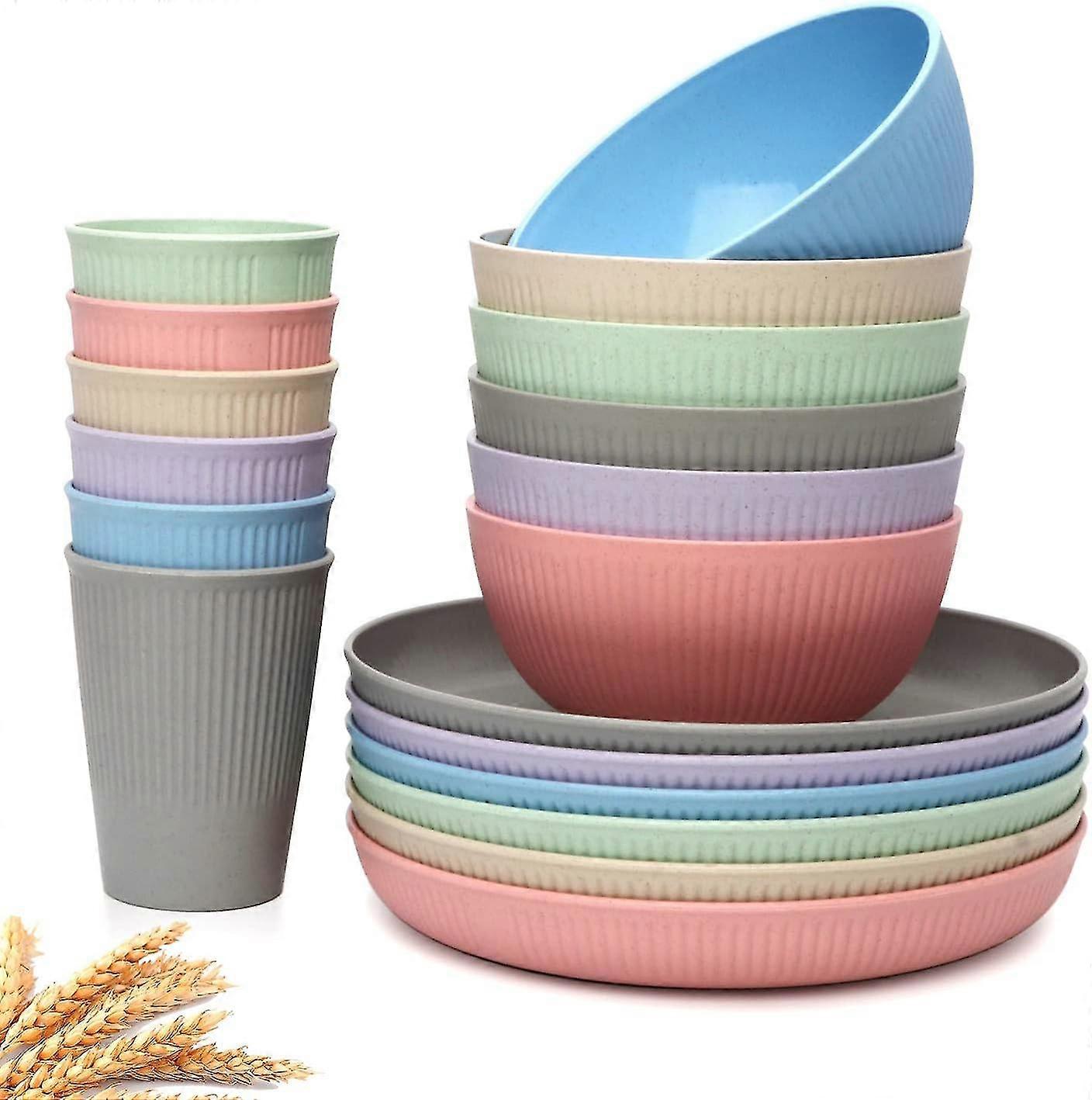 Wheat Straw Dinnerware Set, 18 Pcs - Unbreakable Reusable Plates, Cups, and Bowls for 6, Lightweight, Top-Rack Dishwasher Safe