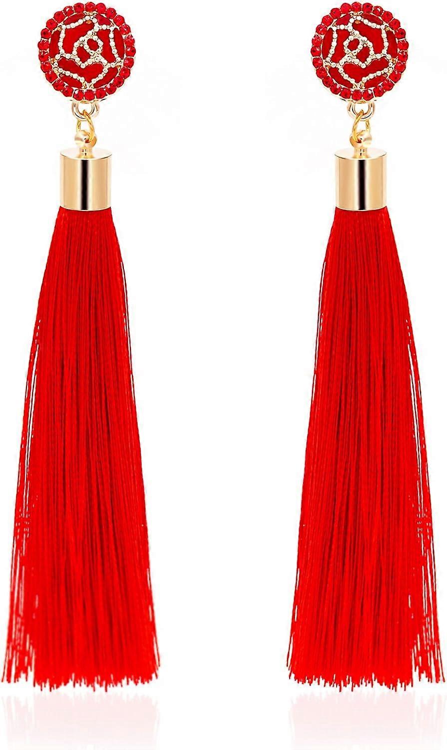 Rose Flower Long Thread Tassel Drop Pendientes, Boho Tassel Statement Pendientes