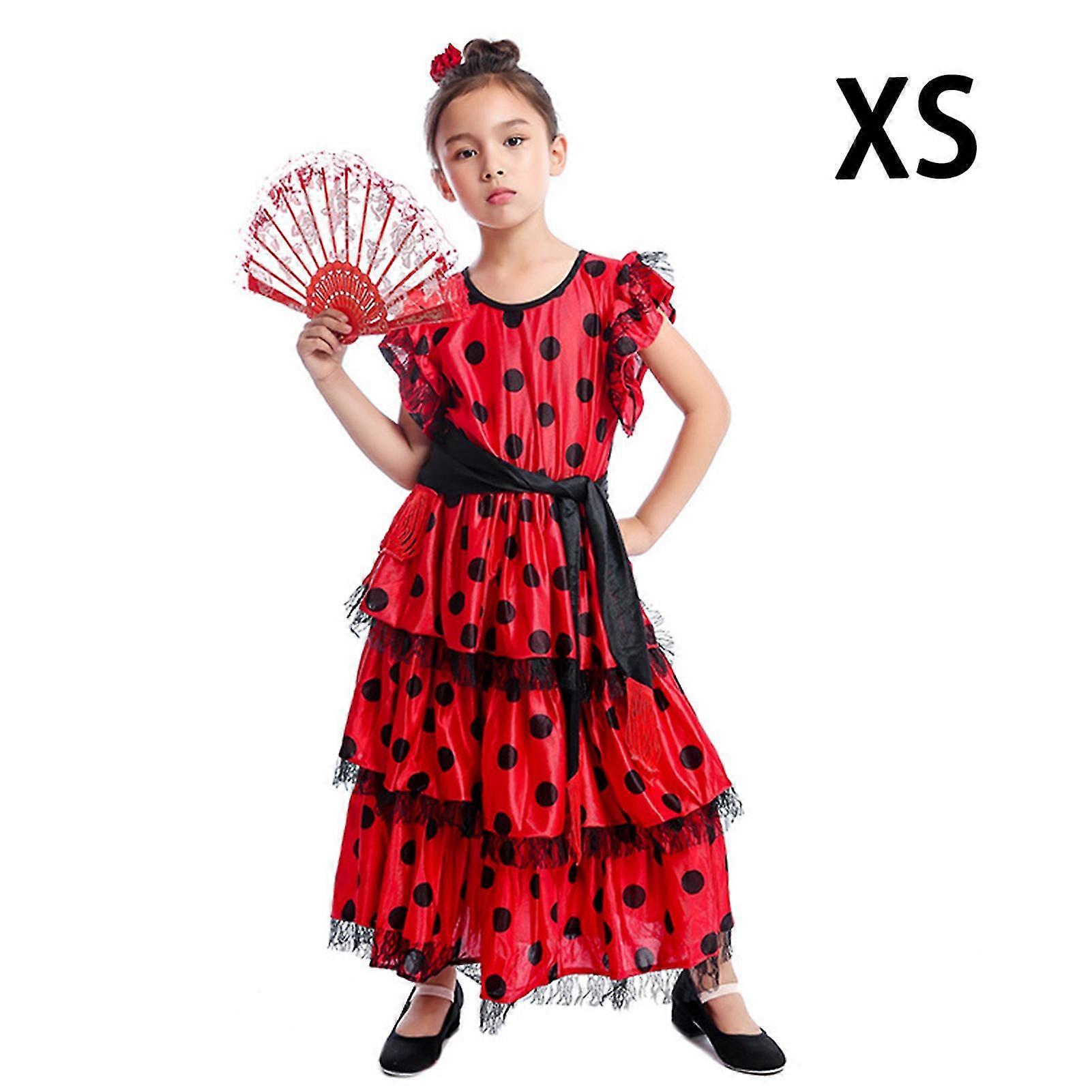 Espanjalainen tyttö mekko setti Tyttö Pitkä Punainen Flamenco mekko Hame Vintage Stage Performance Vaatteet-XinHan