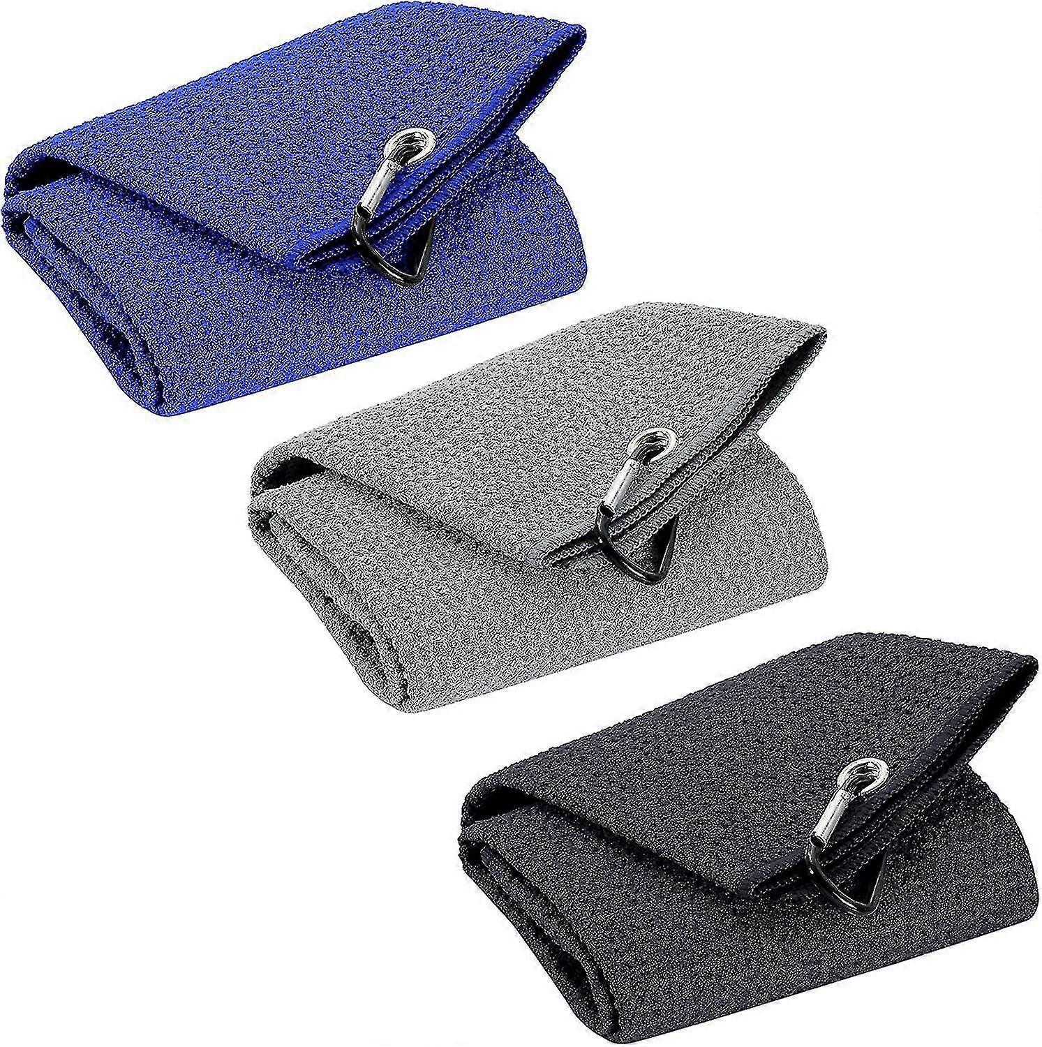 Toalha de golfe 3pcs Tri-fold, Toalha de Golfe de Microfibra com toalhas de golfe Clip com clipe de laço para pendurar no saco do clube de golfe (preto + azul + cinza, 40 x 60cm)