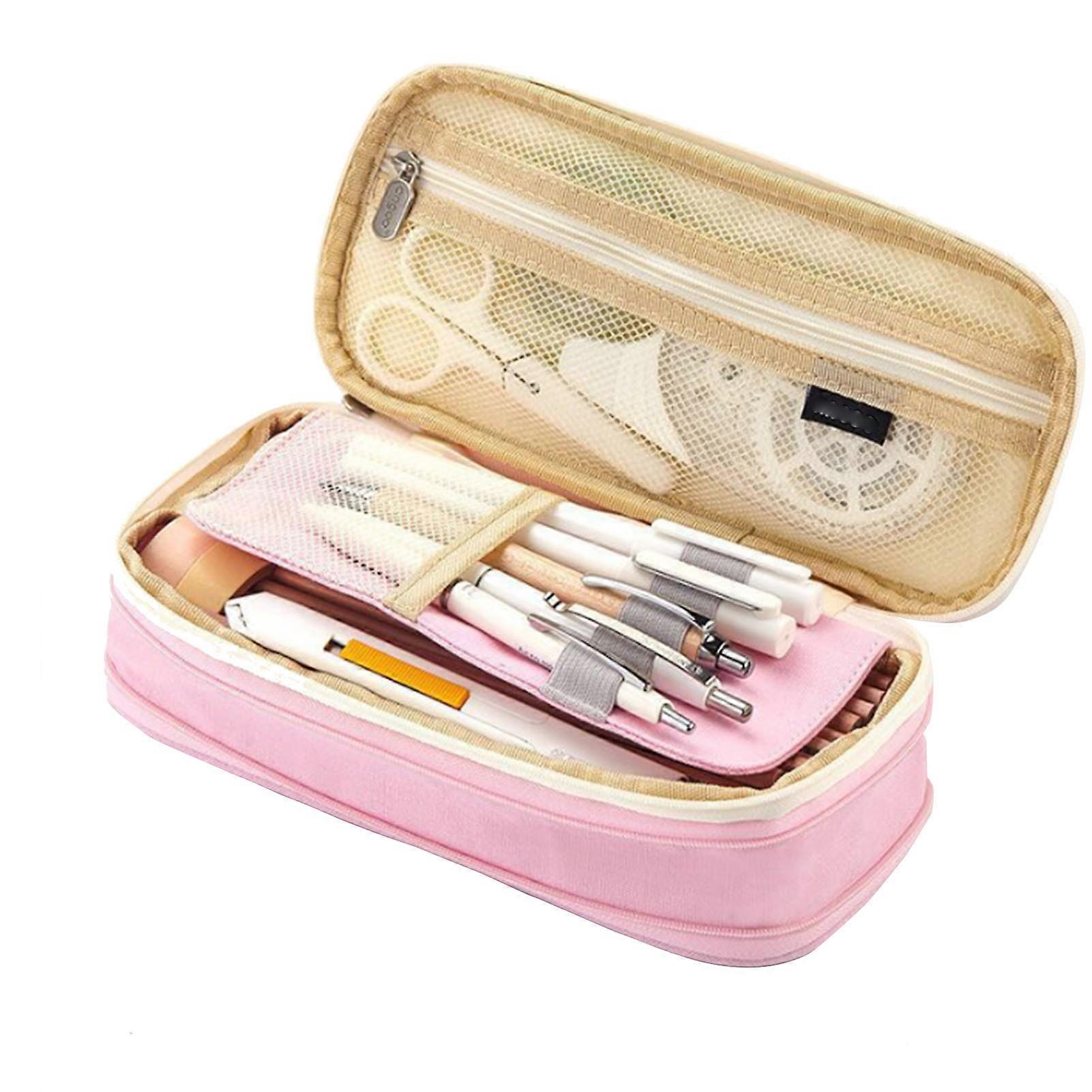 Pencil Bag 2 Tier Large Capacity Metal Zipper Mesh Pocket Portable Large Pencil Case for Students School Office Pink and Beige