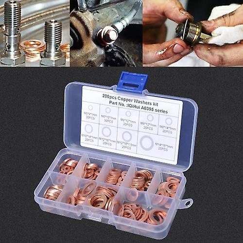 200 PCS O Shape Solid Copper Crush Washers Assorted Oil Seal Flat Ring Kit for Car / Boat / Generators