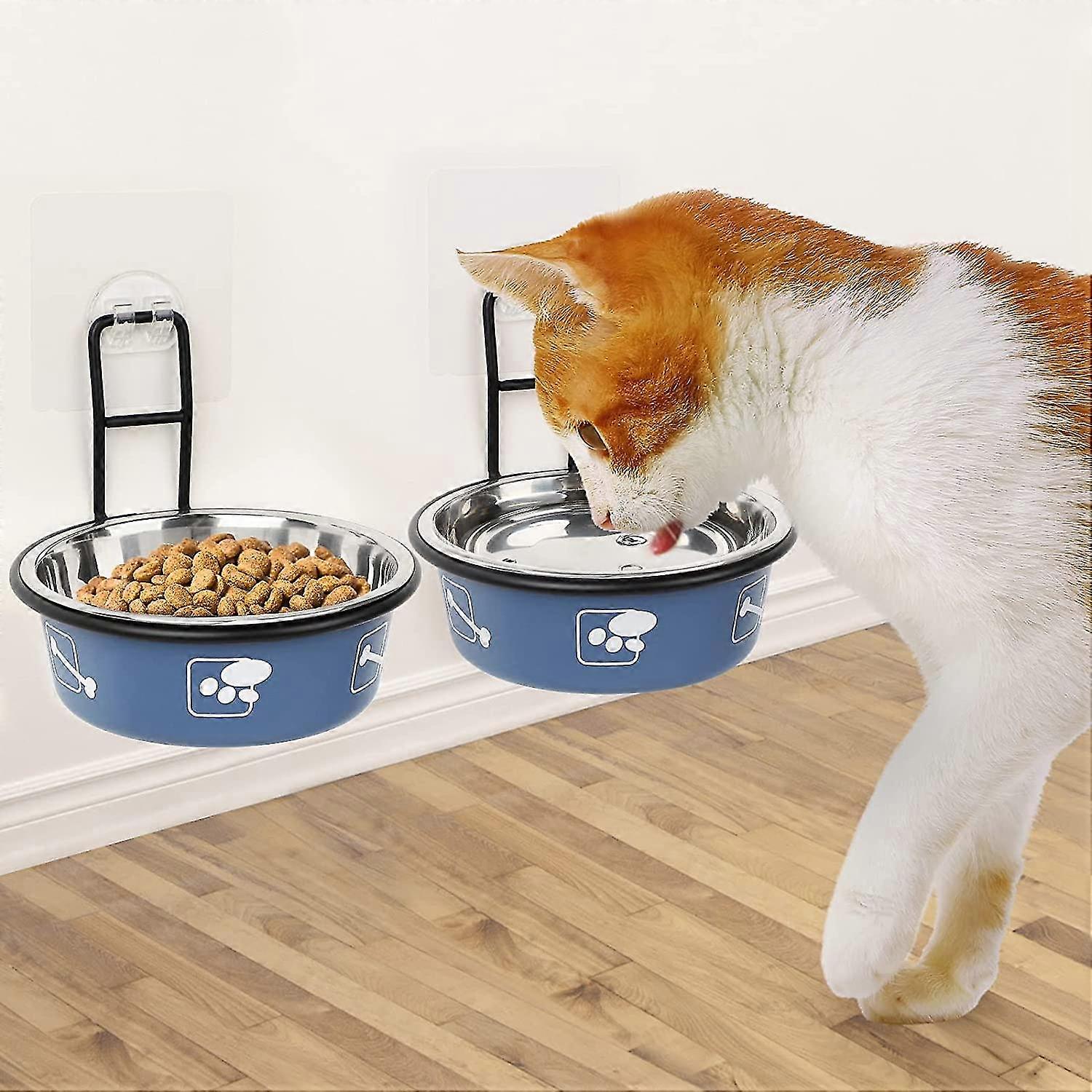 Erhöhter Katzennapf, wandmontiertes Katzenfuttertablett, erhöhter Katzenfutter- und Wassernapf, erhöhter Edelstahl-Tiernapf mit Halter, rutschfest und auslaufsicher