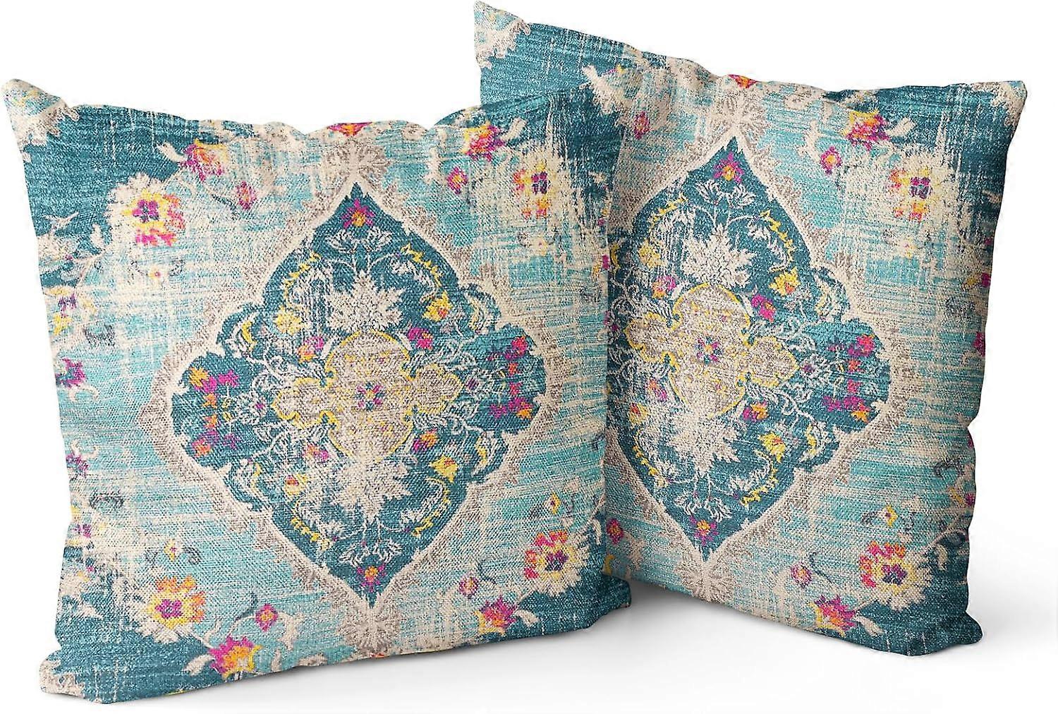 Set of 2 Boho Pillow Covers 16"x16" Blue Bohemian Carpet Double Sided Pattern Linen Pillowcases Cushion Cover for Farmhouse Couch Sofa Bed Decorative,