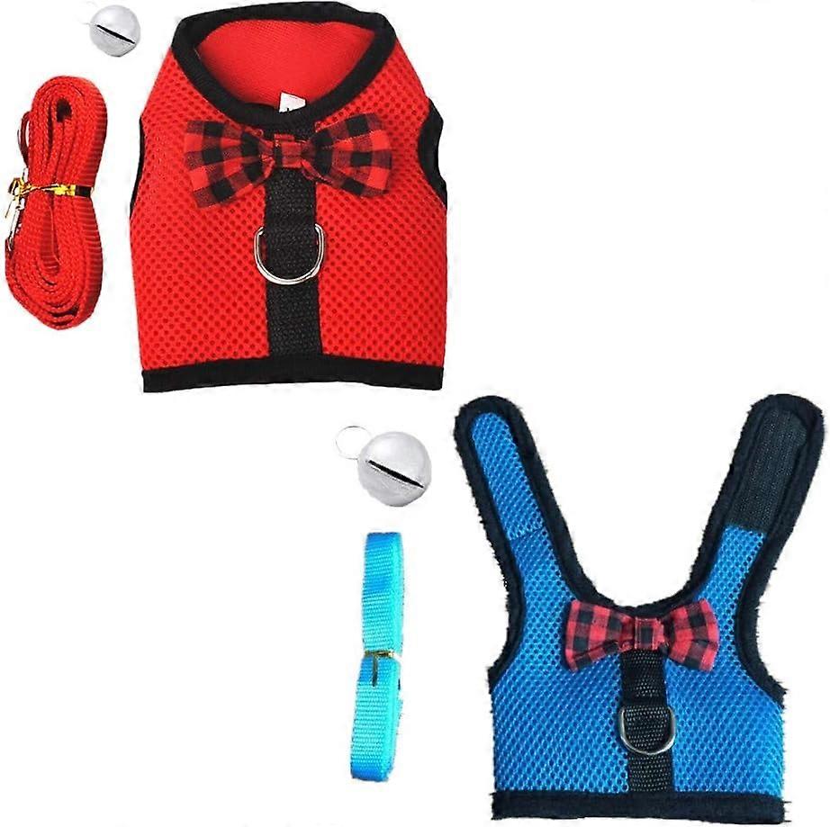 2 Sets Breathable Mesh Net Harness Vest with Bell for Small Animals Rabbits Guinea Pigs Cats (L: Chest: 35-40cm / 13.77-15.74", 1x Red, 1x Blue)