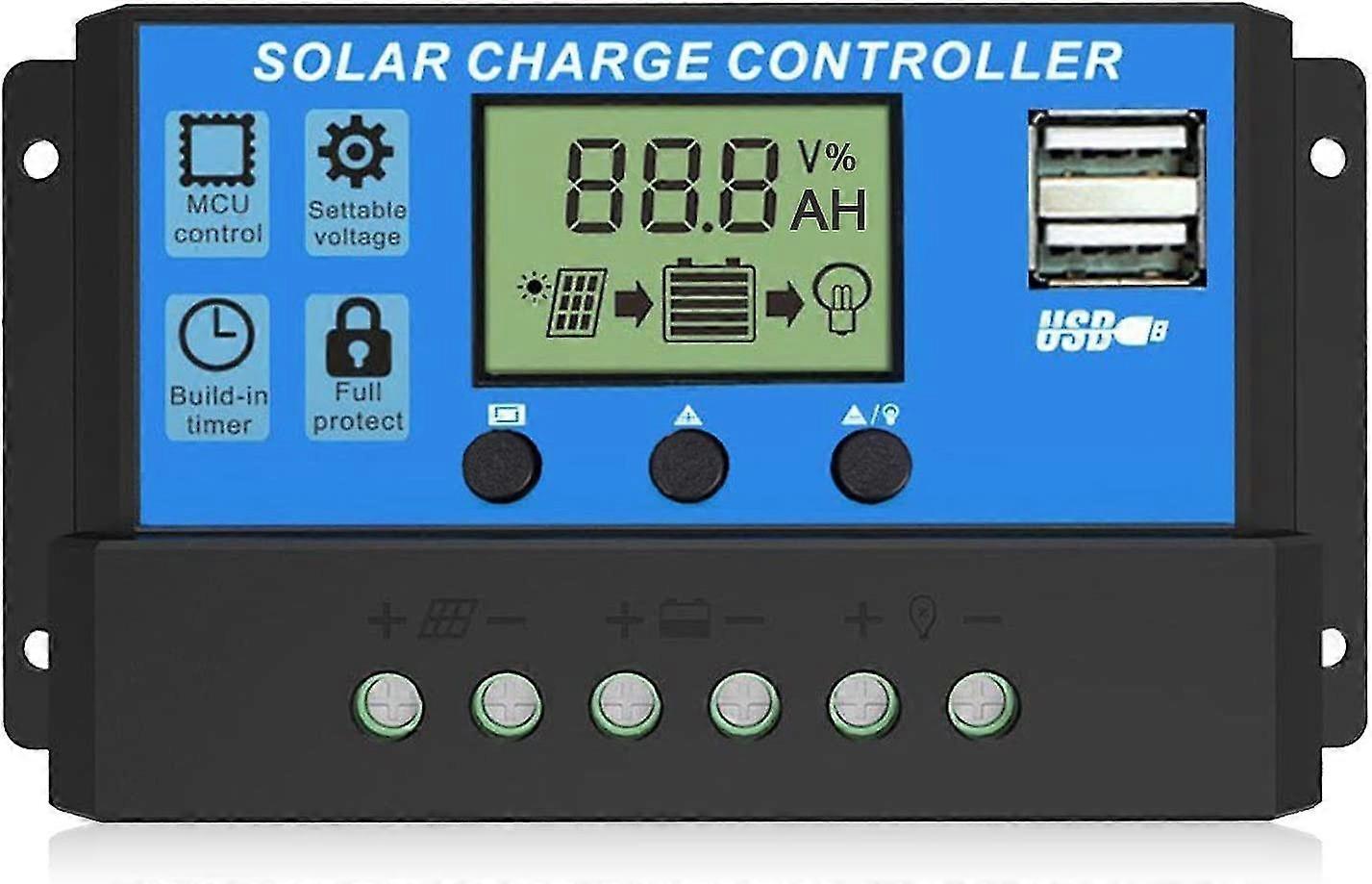 30a Solar Charge Controller, 12v/24v, Multi-function Adjustable Lcd Display With Dual Usb Port Timer Setting Pwm Auto Parameter