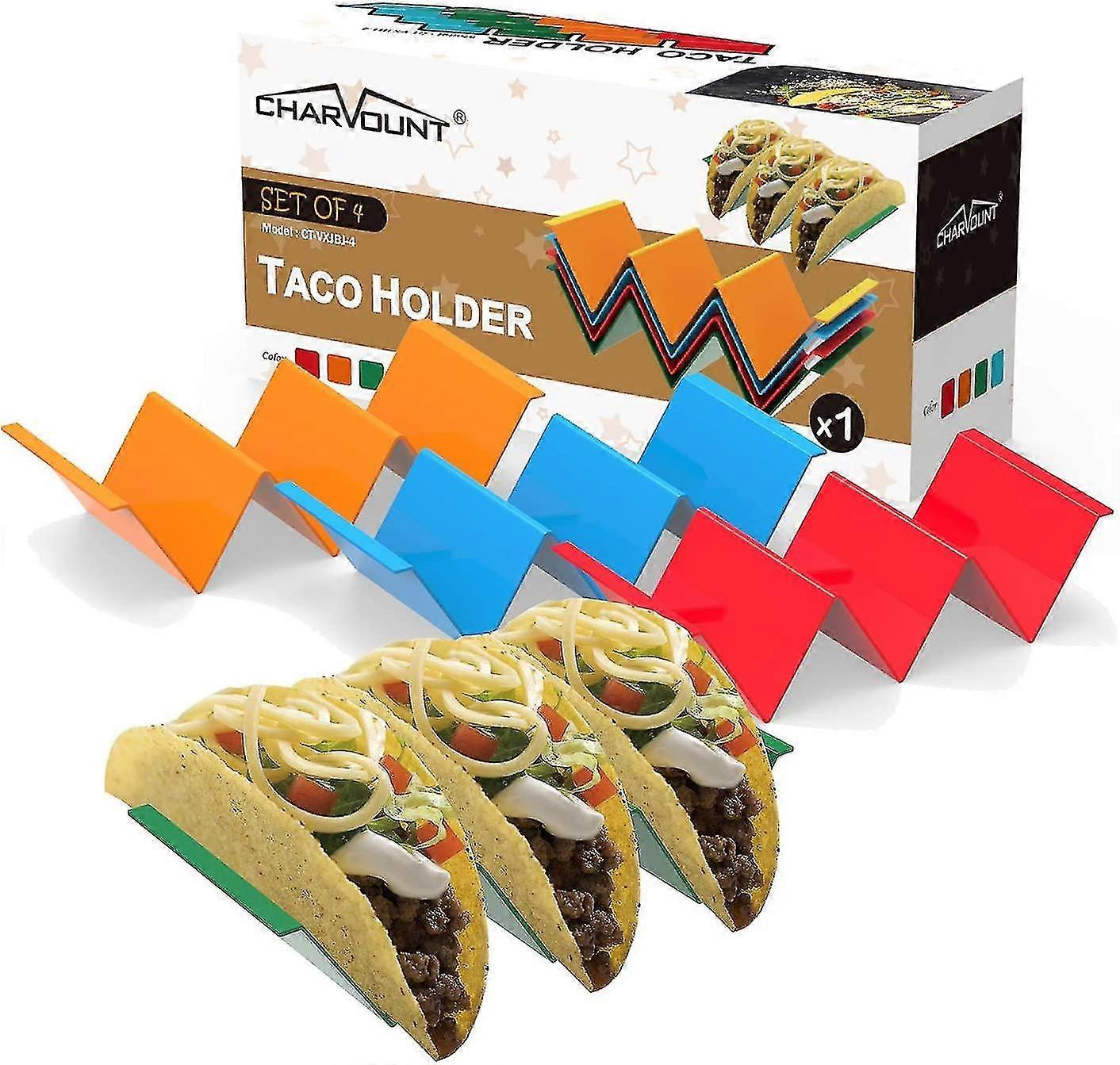 Set Of 4 Taco Rack Holders - Premium Taco Shell Holder Stand On Table With Handle, Hold 2 Or 3 Hard Or Soft Shell Tacos, Dishwasher & Microwav