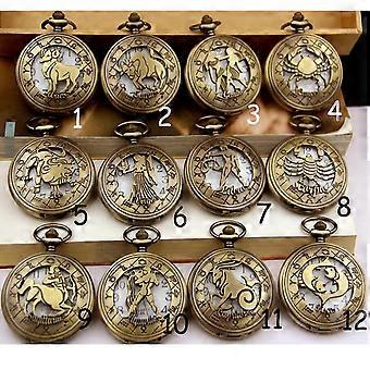 (1170) 12 pcs/lot (1 pcs each)Vintage bronze Zodiac Pattern Pocket Watch Twelve Constellations Men Women pendant necklace