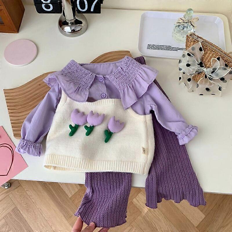 Kids' Set Autumn Children's Polo Collar Applique Shirt+Tank Top+Pants Three Piece Set Children's ClothingKIDS Outfit Sets