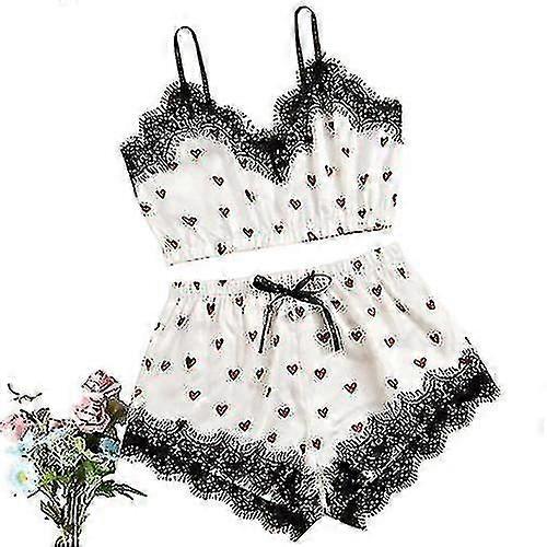 V yaka Kalp Baskı Yay Dantel Saten Halter Pijama Şort Seti Ev Bayanlar Seksi Giyim