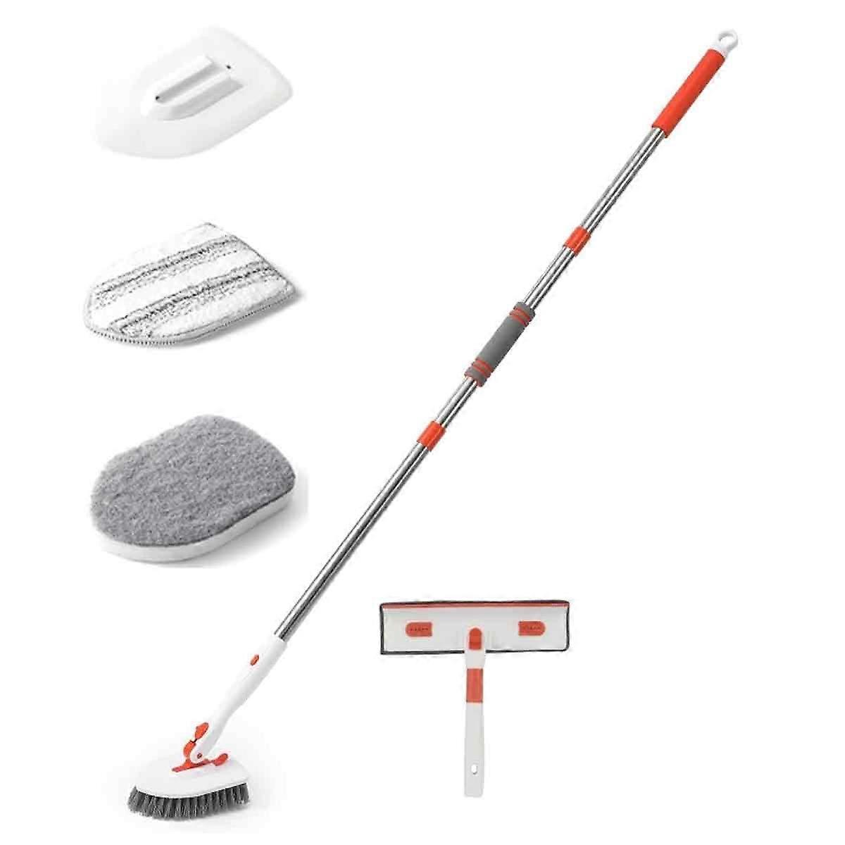 4-in-1 Tile Tub Floor Scrubber with Adjustable Long Handle Shower Cleaner Brush Comes with Window Scrubber and 3 Replacement Brush Heads for Cleaning 