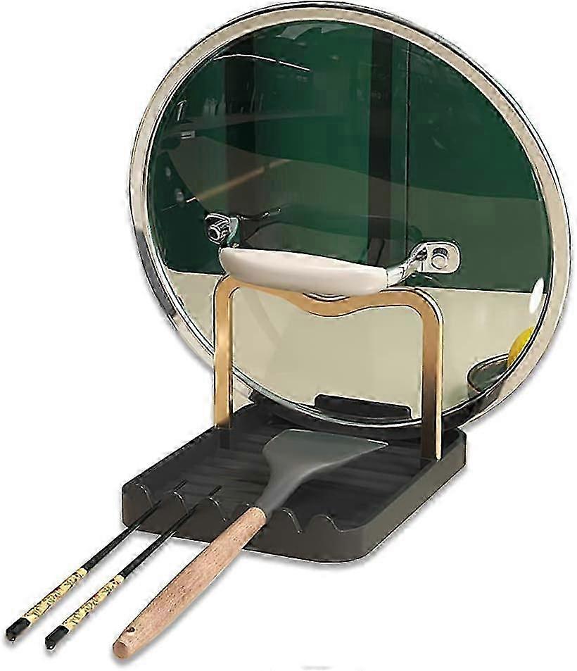 Cooking Spoon Rest with Lid Holder, Kitchen Utensil Rest with Drip Pad, Countertop Organiser Rack for Ladles, Tongs, Spatula(Black & Golden)