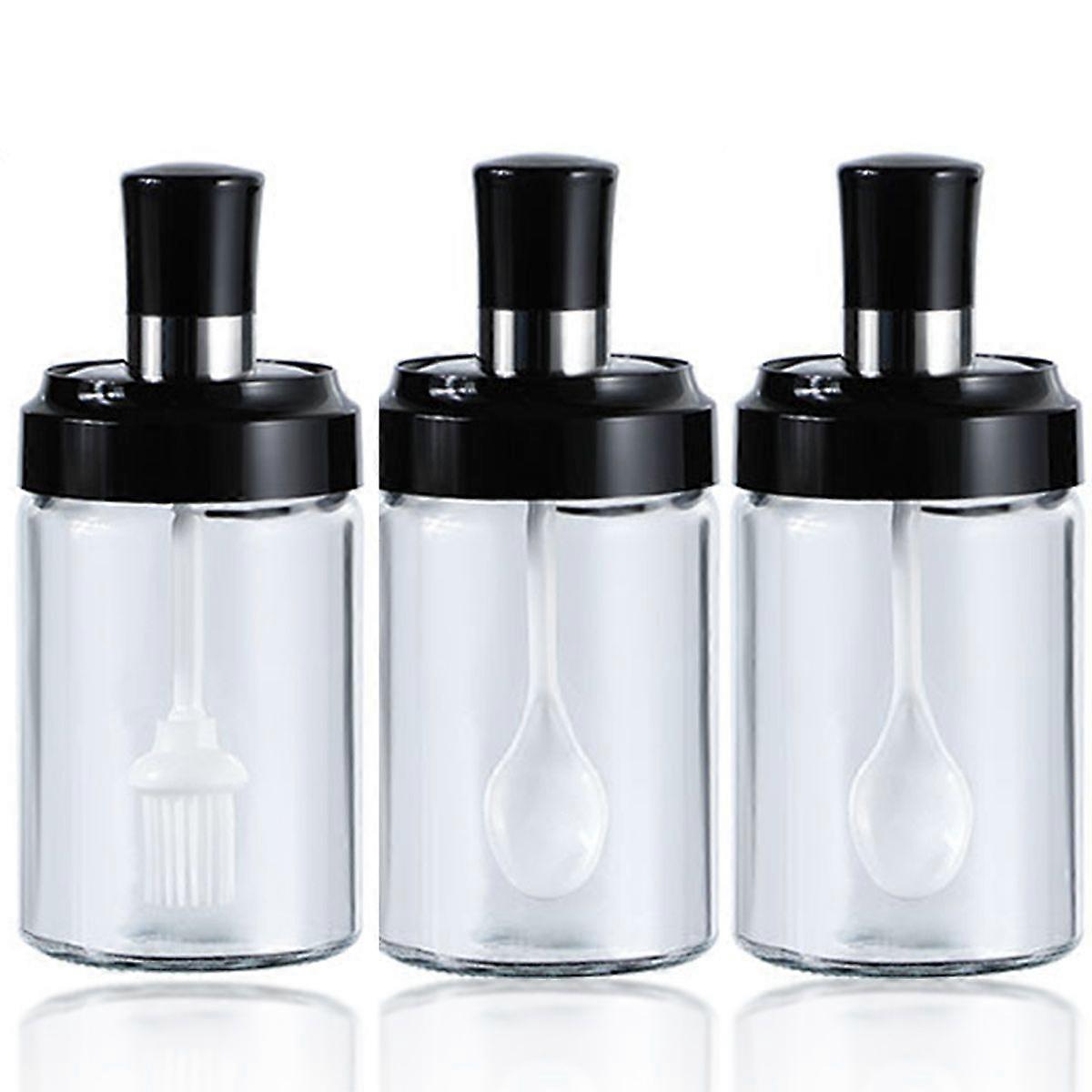 3 High Borosilicate Glass Spice Jars Seasoning&Condiment bottle,Combination Spoon and Lid Design, Salt Sugar and ketchup Canning Jar for Home and Kitc