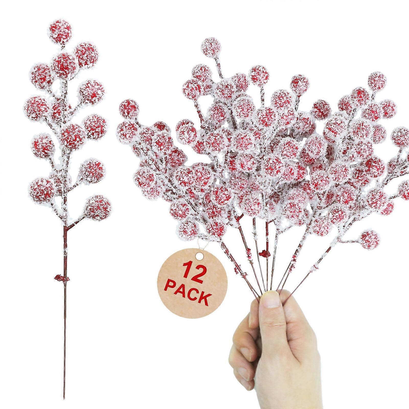12-Pack Frosted Holly Berry Stems for Christmas Wreaths - Snowy Red Craft Picks for Holiday Decor and Arrangements