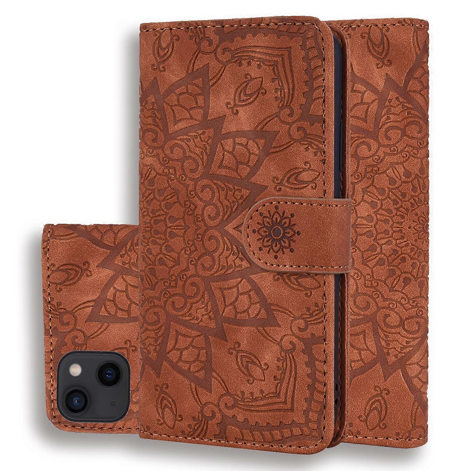 Mandala Embossed Dual-Fold Calf Leather Phone Case