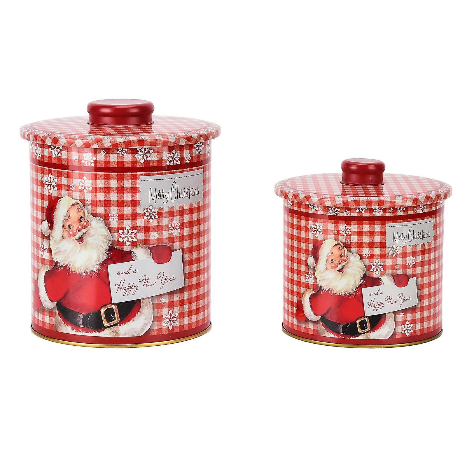 Christmas Jar with Lid 2PCS Tinplate Candy Storage Canister for Biscuits Snacks Santa Claus Design Red and White