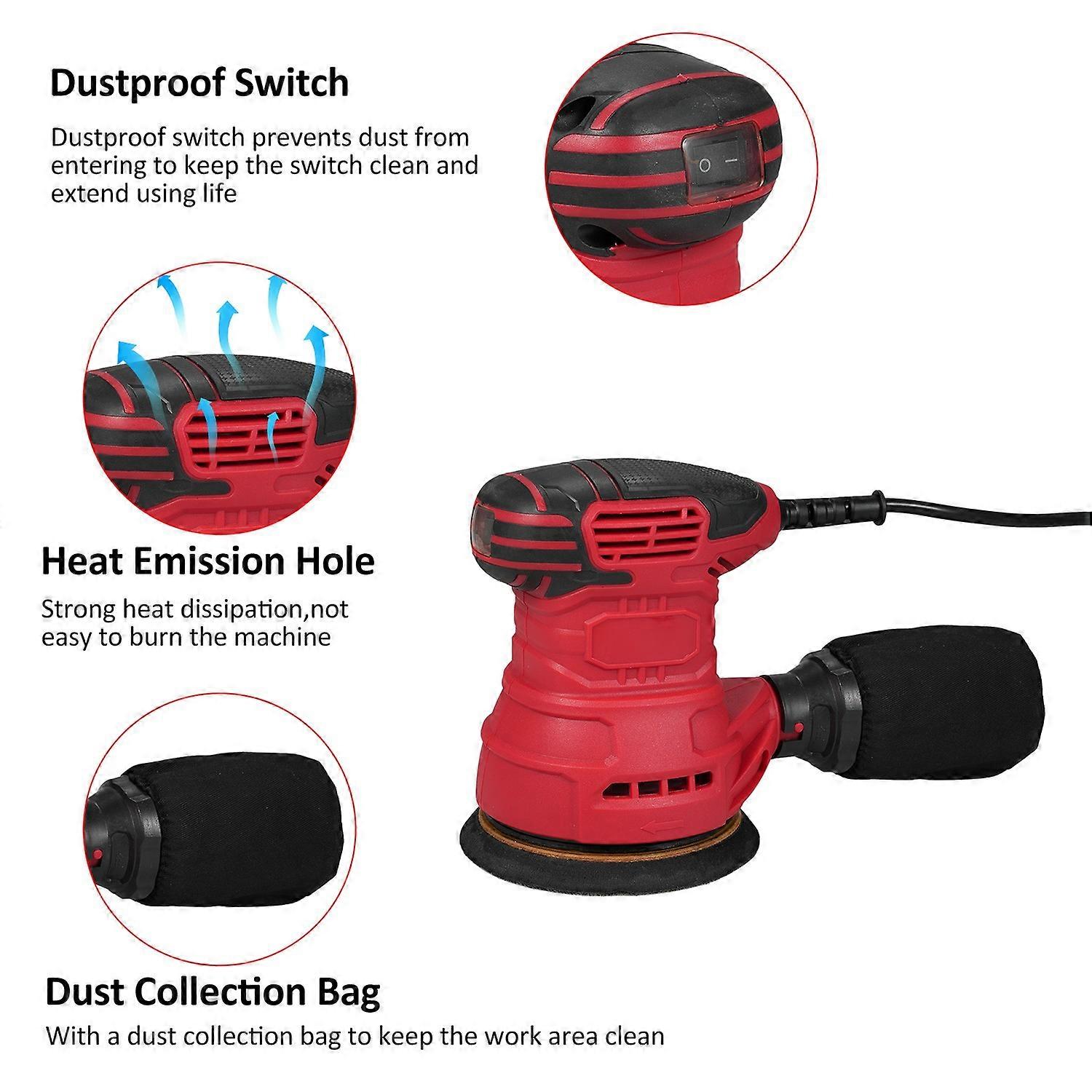 5-Inch Random Orbital Sander with 12Pcs Sandpapers 300W/2.5A 13000RPM Sander Machine High Performanc