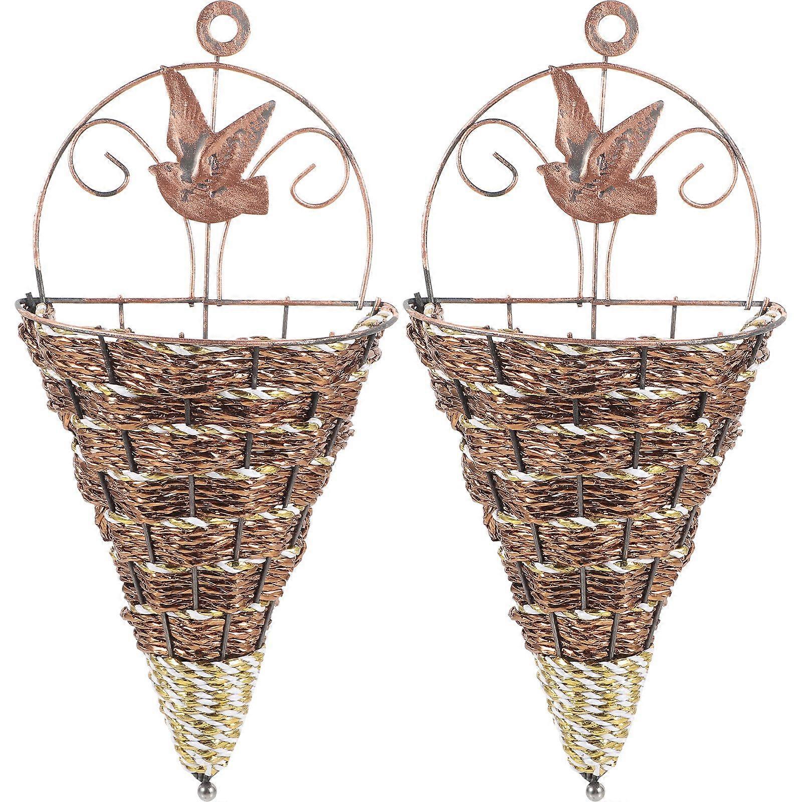 2pcs Wall Hanging Flower Basket Wall-mounted Simulation Rattan Flower Pot