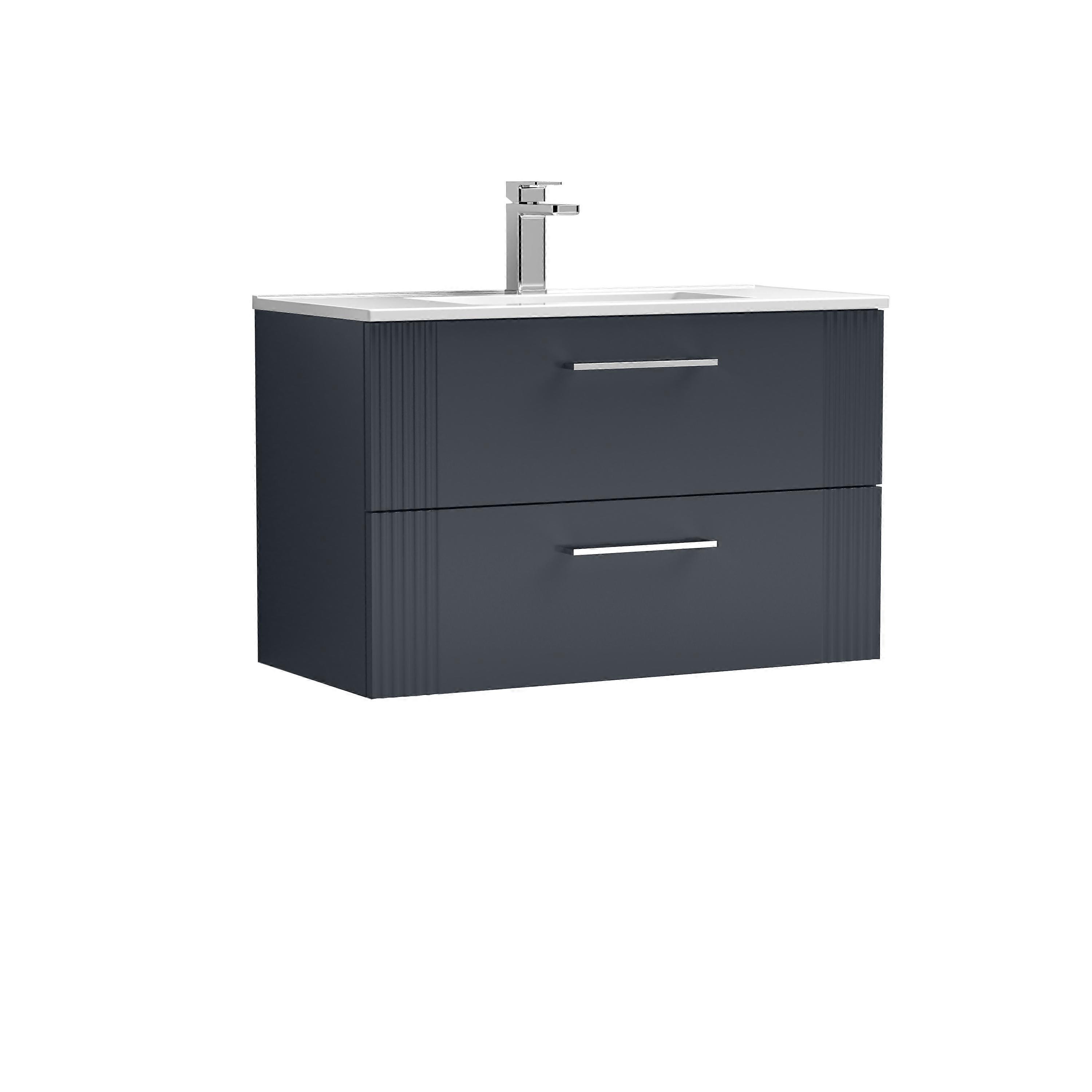 Partial Fluted 2 Drawer Wall Hung Vanity Unit with 1 Tap Hole Minimalist Basin - 800mm - Satin Soft Black  Faucet