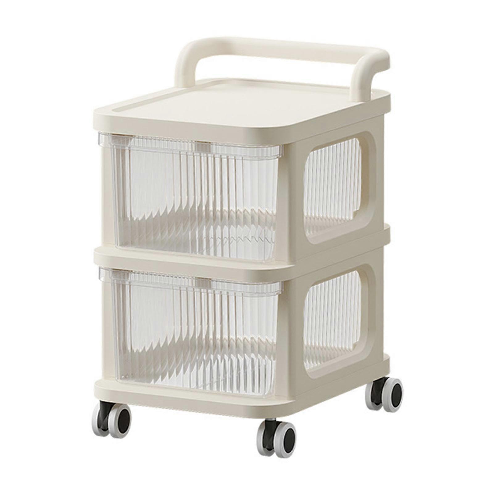 Drawer Storage Cart with Organizer Top Transparent Rolling Storage Cart with Smooth 4 Wheel Roll for Home Office Beige 2 Layers 