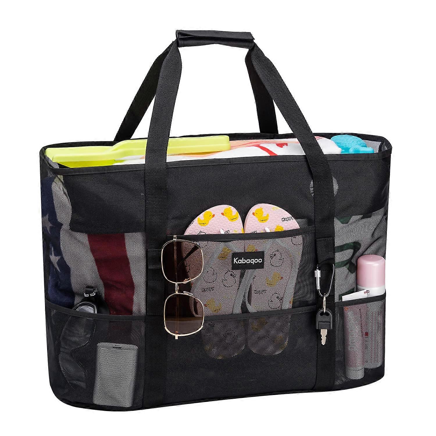 Mesh Beach Bag, Extra Big Beach Bags with 9 Pockets and Black for a Night Beach Bag with Zippered Beach Bag
