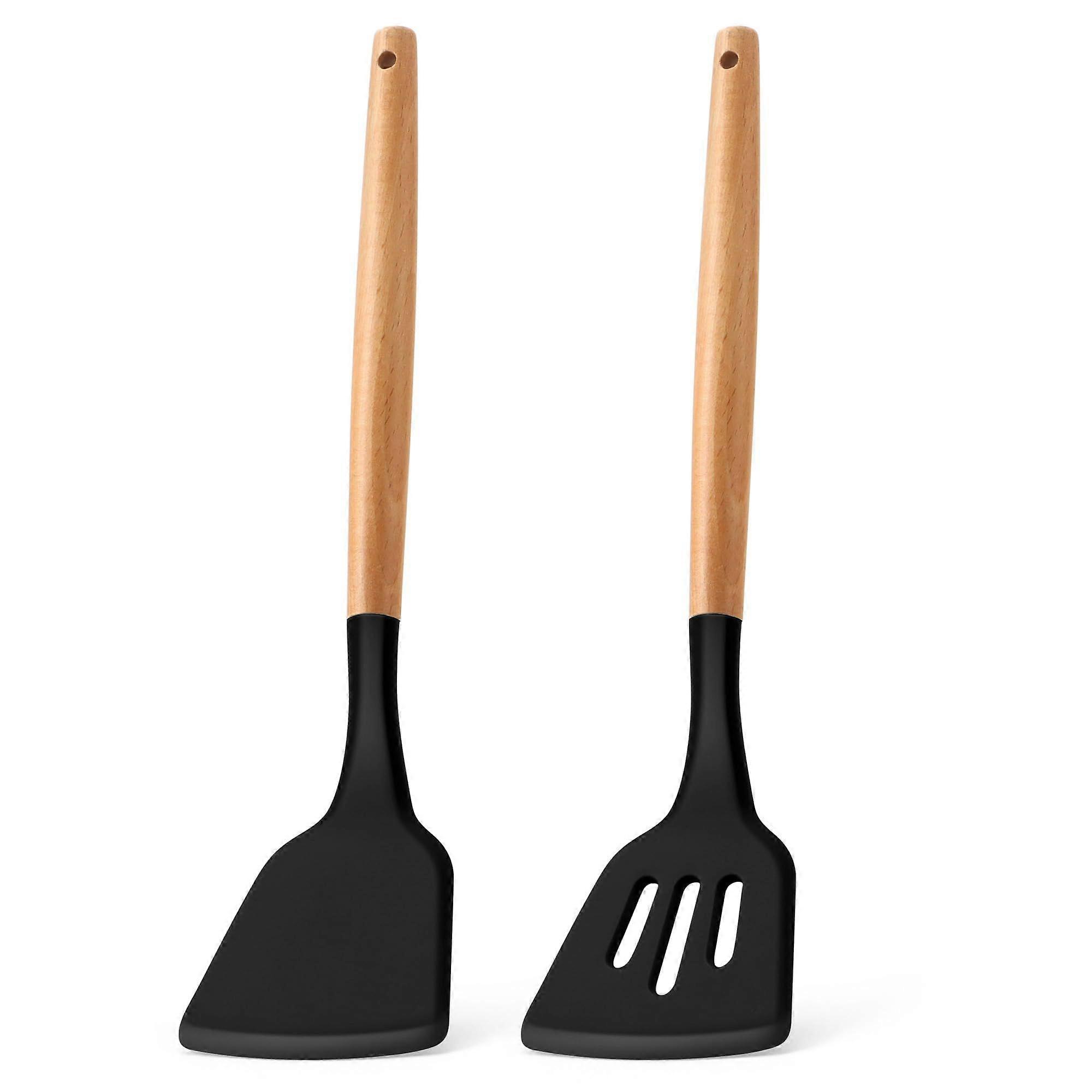 Silicone Spatula Turner, 2-Pack Heat Resistant Kitchen Spatulas for Non-Stick Cookware, Rubber Solid Slotted Spatulas for Fish, Egg, Pancake Cookware