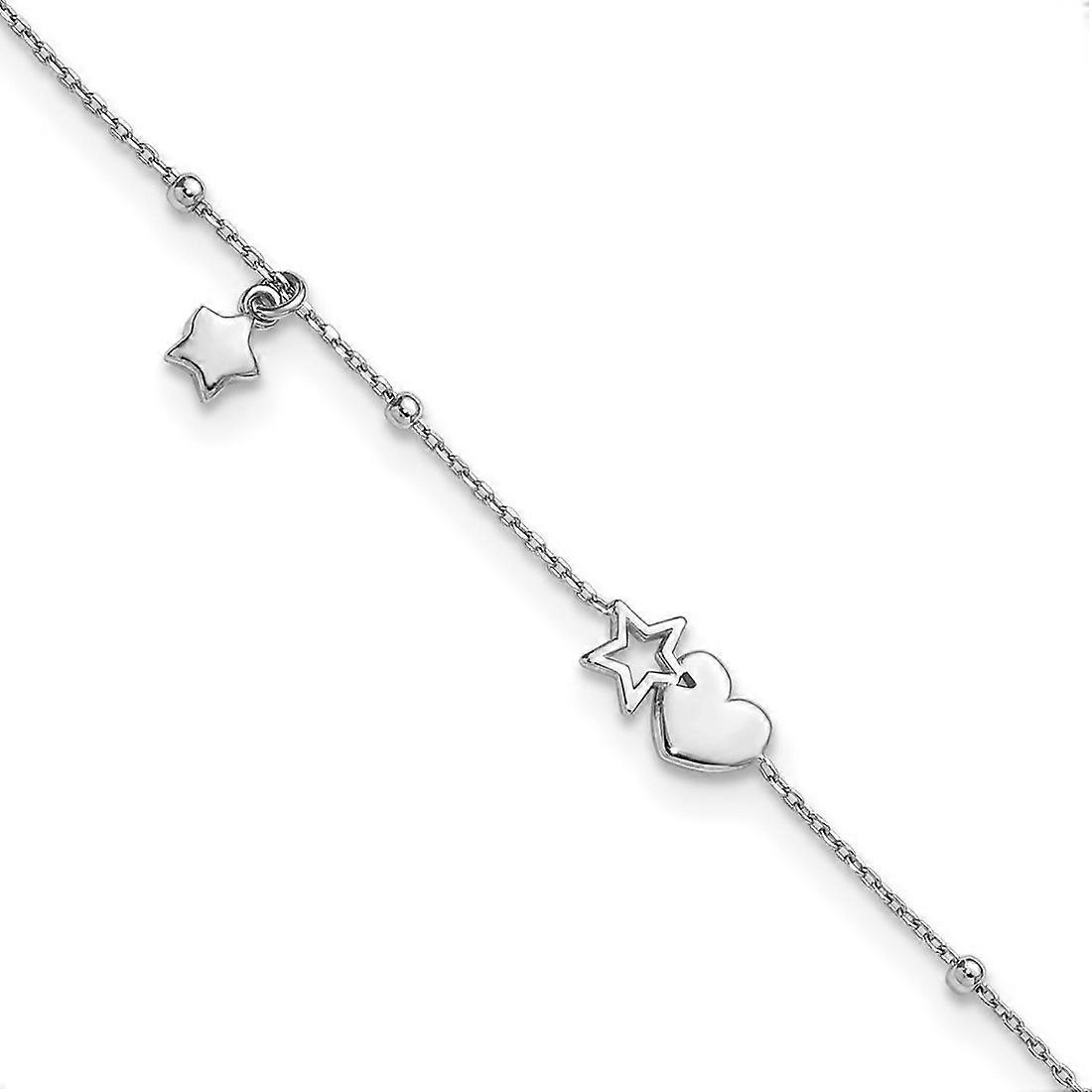 0.6mm Ss Rhodium Plated Love Heart and Stars With Stations Plus 1in Extension Anklet 9 Inch-Anklet for Women