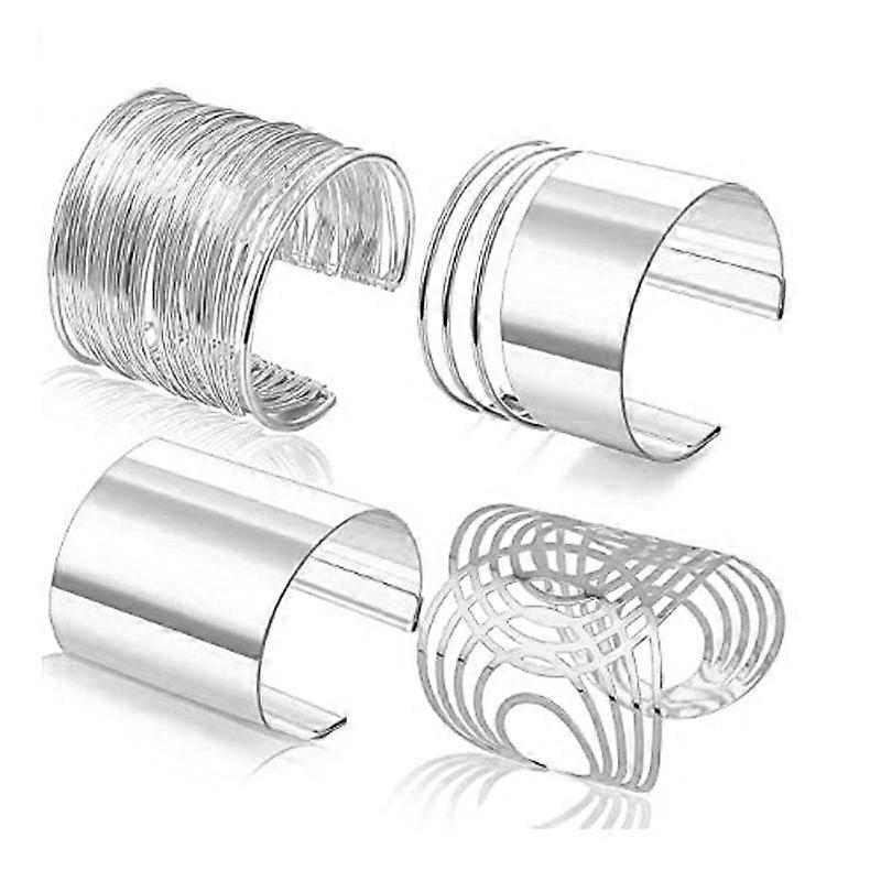 Open Wide Wire Bracelets Adjustable Armband Set Cuff Bangle Bracelet Set 4 Pcs Silver Upper Arm Bracelet for Women