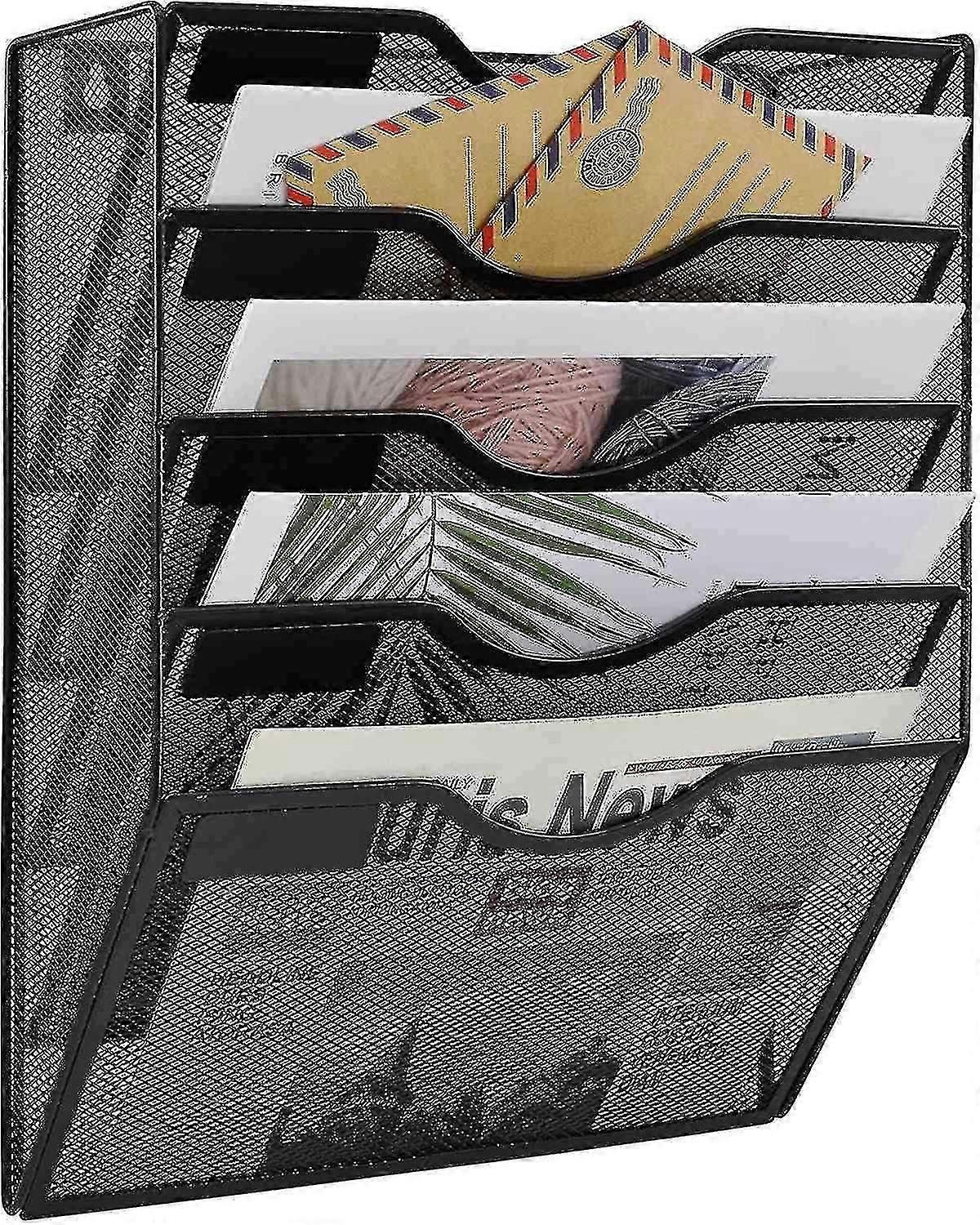 5 Tier Wall File Holder Hanging Mail Organizer Metal Wall Mount Magazine Rack, Black